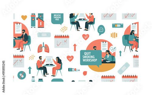 quit smoking workshops seamless pattern, participants discussing strategies, nicotine patches, e-cigarettes, motivational posters, calendars and health symbols