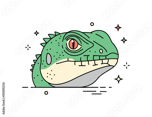 Reptile close up portrait detailed head of a vibrant lizard with subtle eye highlight and minimal decorative spark accents, conveying curiosity and intensity.