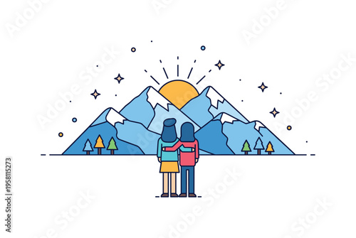 Mountain sunrise journey couple standing together watching the sunrise behind layered mountain peaks while small star accents fade into daylight. Inspiring