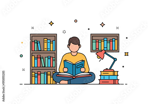 Library learning scene a person seated with an open book while bookshelves and a small desk lamp form a cozy atmosphere of knowledge and quiet concentration.