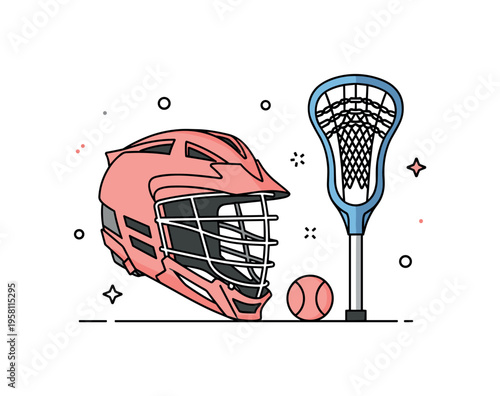 Lacrosse protective gear helmet with face cage placed beside a lacrosse stick and ball forming a compact symbol of safety and sport preparation. The scene