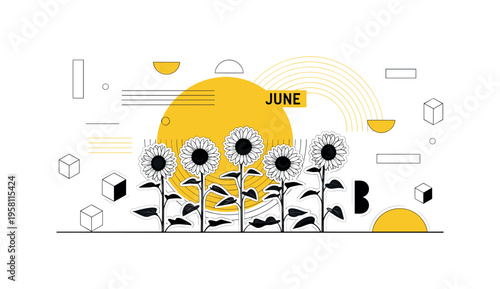 black and white garden scene with sunflowers growing along a minimal ground line, bold yellow circle behind the flowers representing bright June sunshine, thin