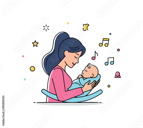 Newborn lullaby moment with a mother gently rocking her baby while small musical note icons float nearby. The scene captures the soothing rhythm of early