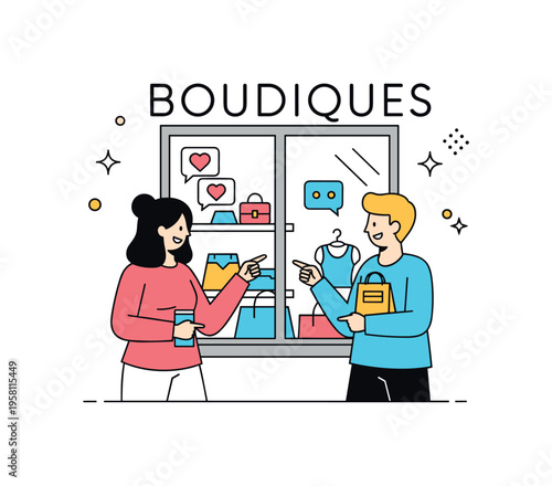 Friends window shopping together two people standing in front of a boutique window while chatting and pointing at items inside the display. Tiny heart and