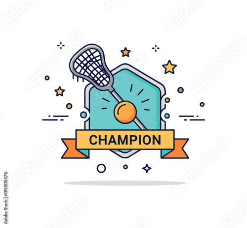 Lacrosse championship symbol lacrosse stick and ball placed inside a small badge with a ribbon reading Champion suggesting victory and competitive achievement.