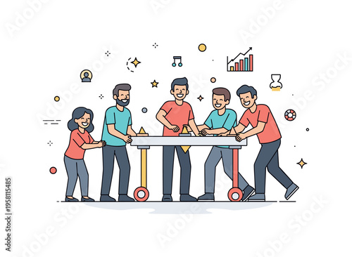 Team-building games for soft skills development, with colleagues laughing while completing a cooperative challenge, emphasizing camaraderie and
