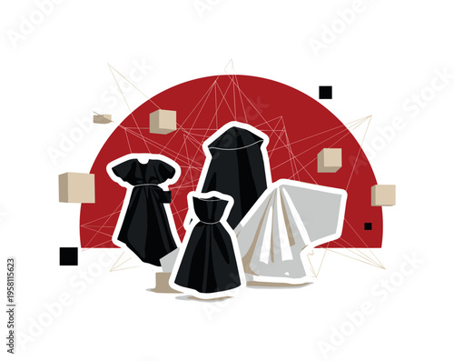 conceptual fashion collage with black and white fabric folds shaped like abstract garments, white cut-out outline effect, bold red semicircle behind the