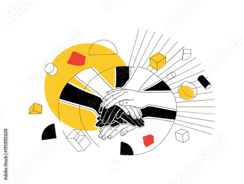 symbolic church fellowship with multiple hands stacked together in unity, black and white hands cut-out with white contour outline, large yellow circle behind