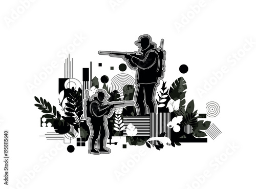 hunters in dense foliage, geometric circles lines and abstract blocks representing camouflage and nature, black and white retro realistic figures with layered
