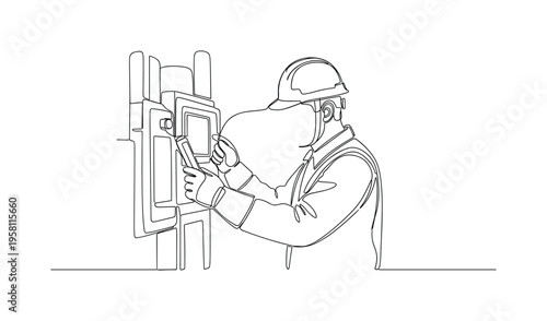 Industrial Safety Check. Minimalistic one-line drawing worker inspecting machines with safety gloves and helmet, continuous single black line on