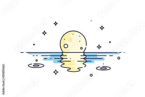 Moon over calm lake glowing full moon mirrored in a smooth lake surface while small stars and light ripples enhance the tranquil nighttime atmosphere. The