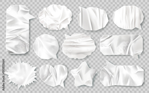 Crumpled paper sticker set with realistic glued labels and speech bubble mockups. White tapes, starburst badges, plastic patches and comic shapes for vintage collage templates and sale price tags.