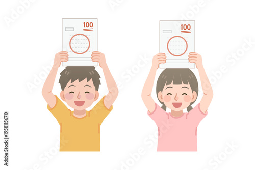テストで100点が取れて喜ぶ小学生のイラスト