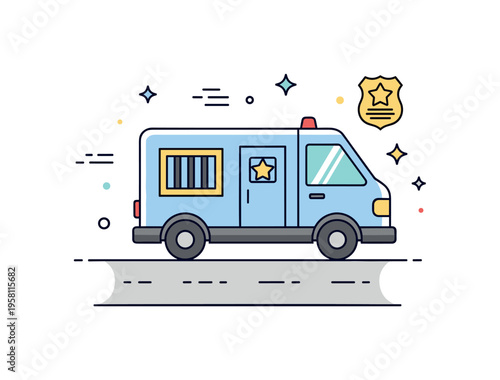 Law enforcement prisoner transfer showing a secure van driving along a simple road with a barred window symbol and a small badge icon suggesting official