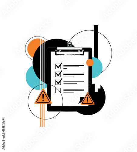 black-and-white clipboard with a checklist as the main object, check marks and warning icons integrated with geometric circles and vertical lines, turquoise