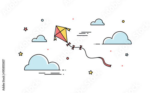 Flying high peaceful sky moment featuring a single kite rising above gentle clouds with a trailing ribbon line. The relaxed composition represents childhood