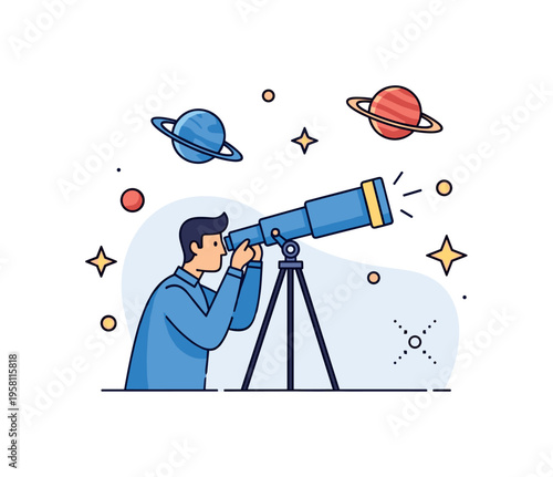 Contributions to scientific exploration and space discovery showing a scientist observing a telescope with planets and stars in the background, emphasizing