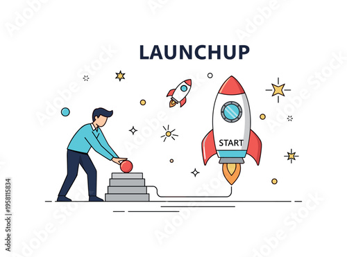 Launching a startup business founder pressing a launch button connected to a small rocket labeled Start while spark icons appear around it. The composition