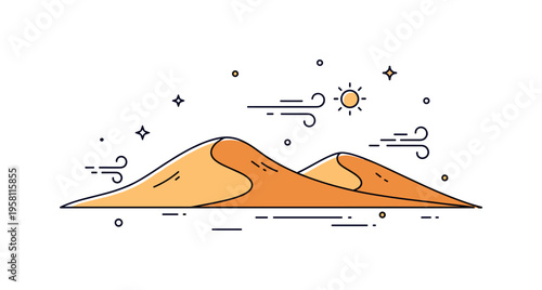 Sand dunes landscape smooth curved sand dunes with tiny wind lines and sun icon suggesting quiet desert scenery shaped by nature. The composition captures the