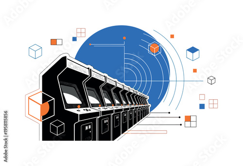 black and white row of retro arcade cabinets forming a perspective line, large electric blue circle behind the scene representing arcade hall atmosphere, thin