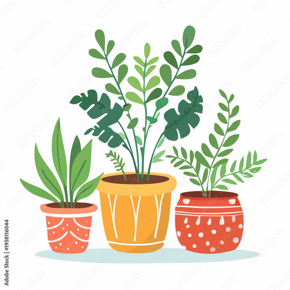 Fototapeta premium Potted house plants naive hand drawn vector illustration