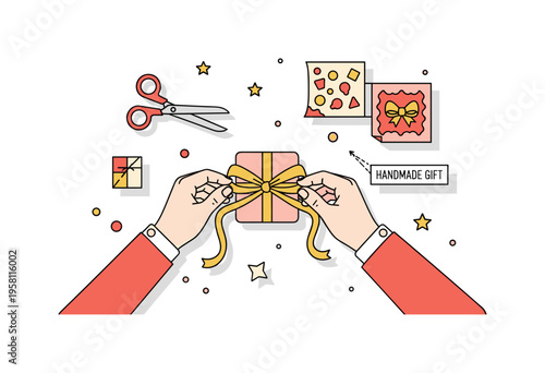 Handmade gift wrapping grandparents tying ribbon around a small gift box while scissors and decorative paper rest nearby. A tiny label Handmade Gift emphasizes