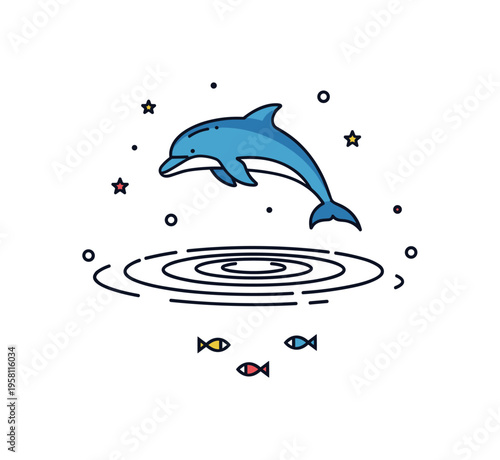 Ocean wildlife moment dolphin midair above stylized water ripples with a few tiny fish icons beneath the surface. A compact editorial illustration celebrating