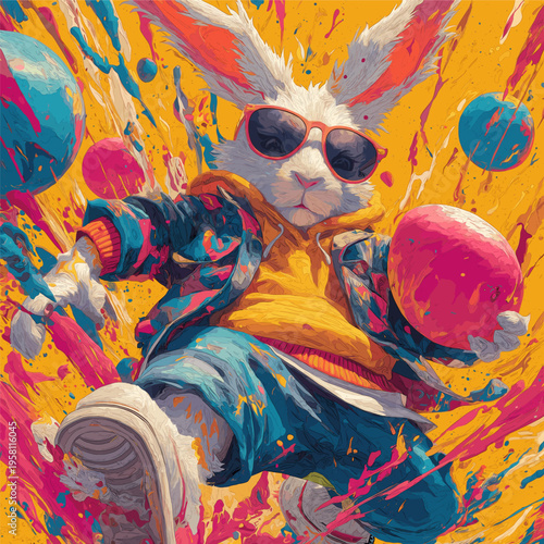 Cool Easter bunny wearing sunglasses holding decorated egg. Easter poster. Anthropomorphic bunny wearing colorful jacket, surrounded by paint splatters and festive eggs