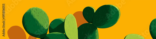Nopal cactus pads growing with vibrant yellow background. Nopal cactus pads featuring simple graphic shape and casting shadow on yellow wall