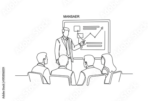 Project Briefing. Minimalistic one-line drawing manager presenting marketing project overview to team, continuous single black line on white background, simple