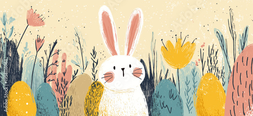 Happy Easter bunny finding colorful eggs in spring field banner. Cute bunny standing among pastel colored Easter eggs and stylized spring plants