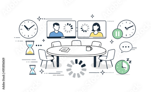 Conference room Zoom lag concept. An abstract editorial composition combining a meeting table, video screens, loading circles, and time icons in a clean