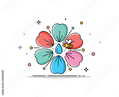 Petals and nectar attraction open blossom with vibrant petals surrounding a droplet of nectar while a tiny bee approaches the center. The scene demonstrates