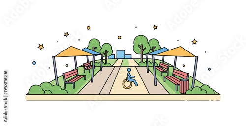Urban park with wide pathways, seating areas, and shade for aging populations, subtle decorative stars emphasizing inclusivity, leisure, and