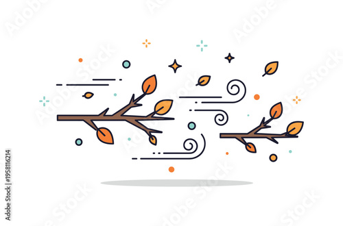 Windy autumn branches featuring sparse leaves lifting from thin twigs with small swirl accents indicating gusts. The composition conveys seasonal transition,