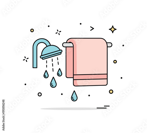 Bathroom towel with water drops soft cloth towel hanging beside a small shower icon while droplets fall gently below the fabric. The composition represents