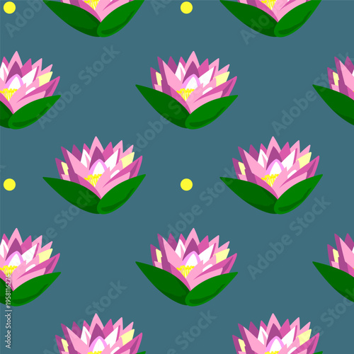 Vector pattern with water lilies with leaves on a blue background. Lotus flowers