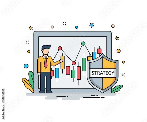 Economic crisis management showing a leader standing beside a fluctuating financial chart with a shield labeled ?Strategy?. The composition expresses