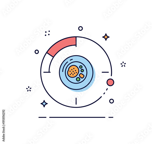 Intermittent fasting plan a small meal plate appearing within a highlighted time segment on a circular clock while the rest of the circle shows a fasting
