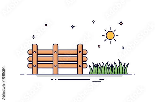 Country farm fence wooden rails forming a simple fence line beside a patch of grass while a small sun icon suggests an open rural landscape. Clean agricultural