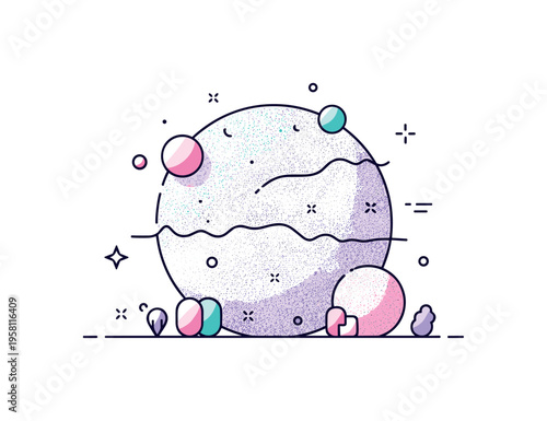 Grainy texture soft gradient sphere surrounded by delicate dotted particles creating a tactile visual surface. The composition highlights depth and atmosphere