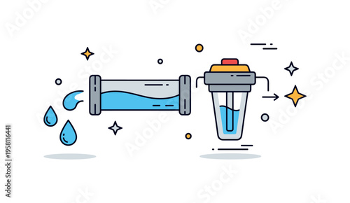 Water flow system diagram showing a pipe with water droplets entering from the left and exiting on the right through a simple filtration unit. Conceptual