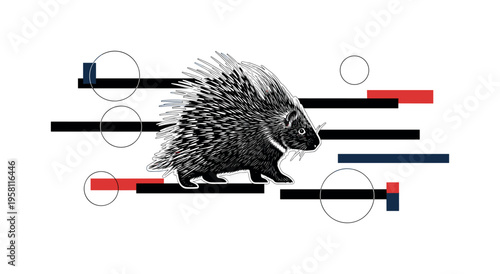 black and white porcupine walking slowly across the composition with quills extended, cut-out collage effect with white outline, horizontal bars and circular