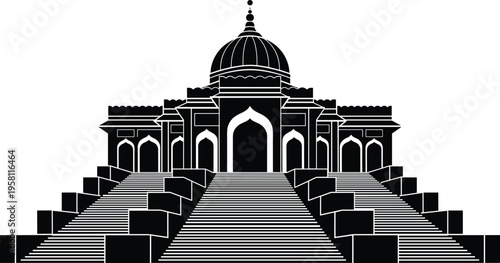 Historic mosque silhouette with dome and stairs, Islamic architecture landmark illustration featuring traditional building design isolated on white background