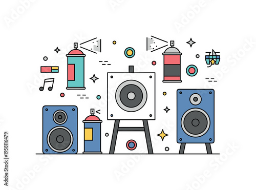 Street art and live music urban wall mural with stylized speakers and spray cans integrated into a lively visual rhythm. A compact scene celebrating creative