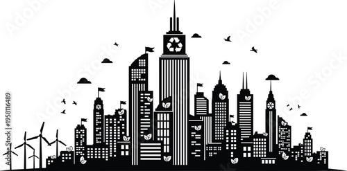 Eco city skyline silhouette, sustainable urban buildings with wind turbines and green energy concept, modern environmental city illustration isolated background