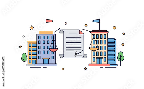 Merger and acquisition agreement illustrated by two overlapping corporate building icons unified by a central signed contract, representing