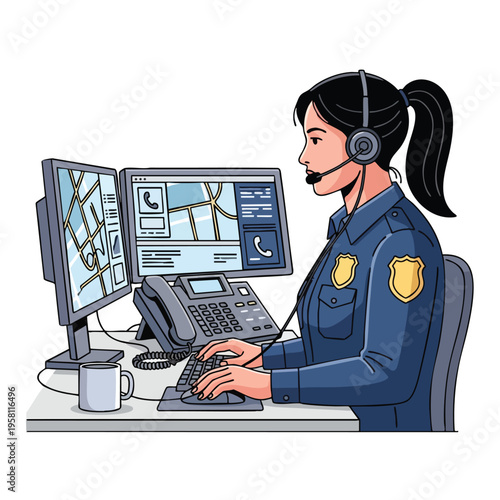 A dispatcher wearing a headset and uniform works at a computer with maps