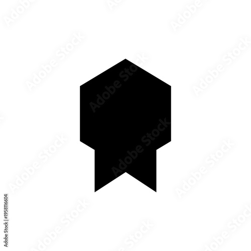 Black hexagonal shape with ribbon tail, geometric icon or badge silhouette for design, isolated on white background, vector graphic element