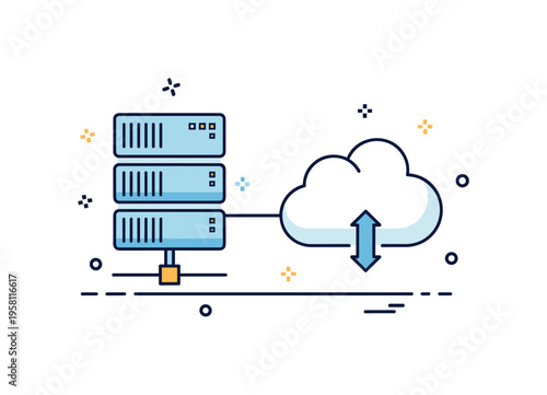 Cloud server connection illustrated by a single rack unit linked to a simplified cloud shape with tiny data arrows, expressing seamless synchronization and
